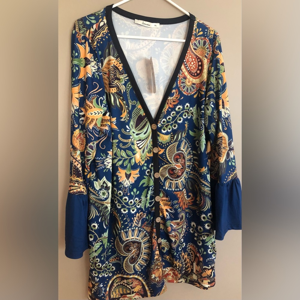 NWT SAKURAFINA Blue &7 Yellow Bell Lng Sleeve Tunic  Size 1X